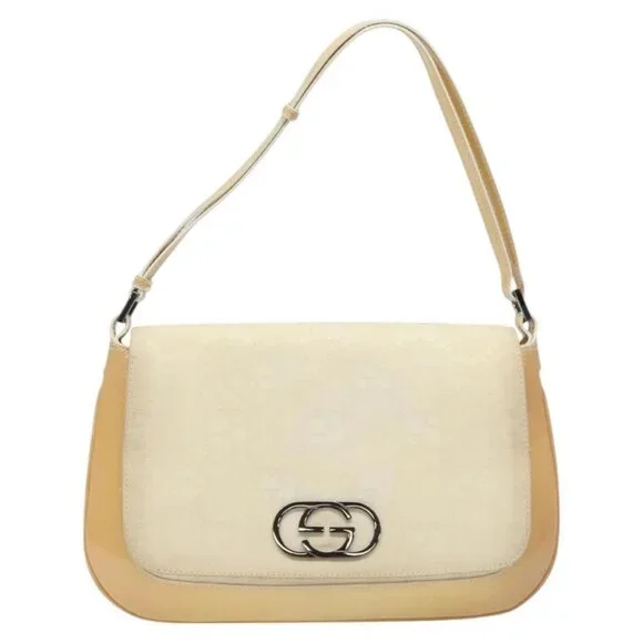 GUCCI GG Canvas Shoulder Bag Beige Silver 001